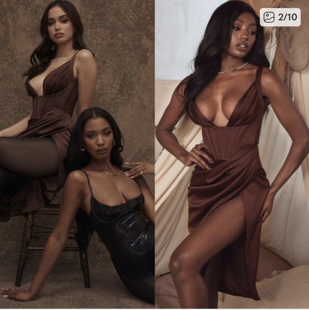 HOUSE OF CB 'Faye' Chocolate Satin Pleated Midi Dress - Picture 2 of 7